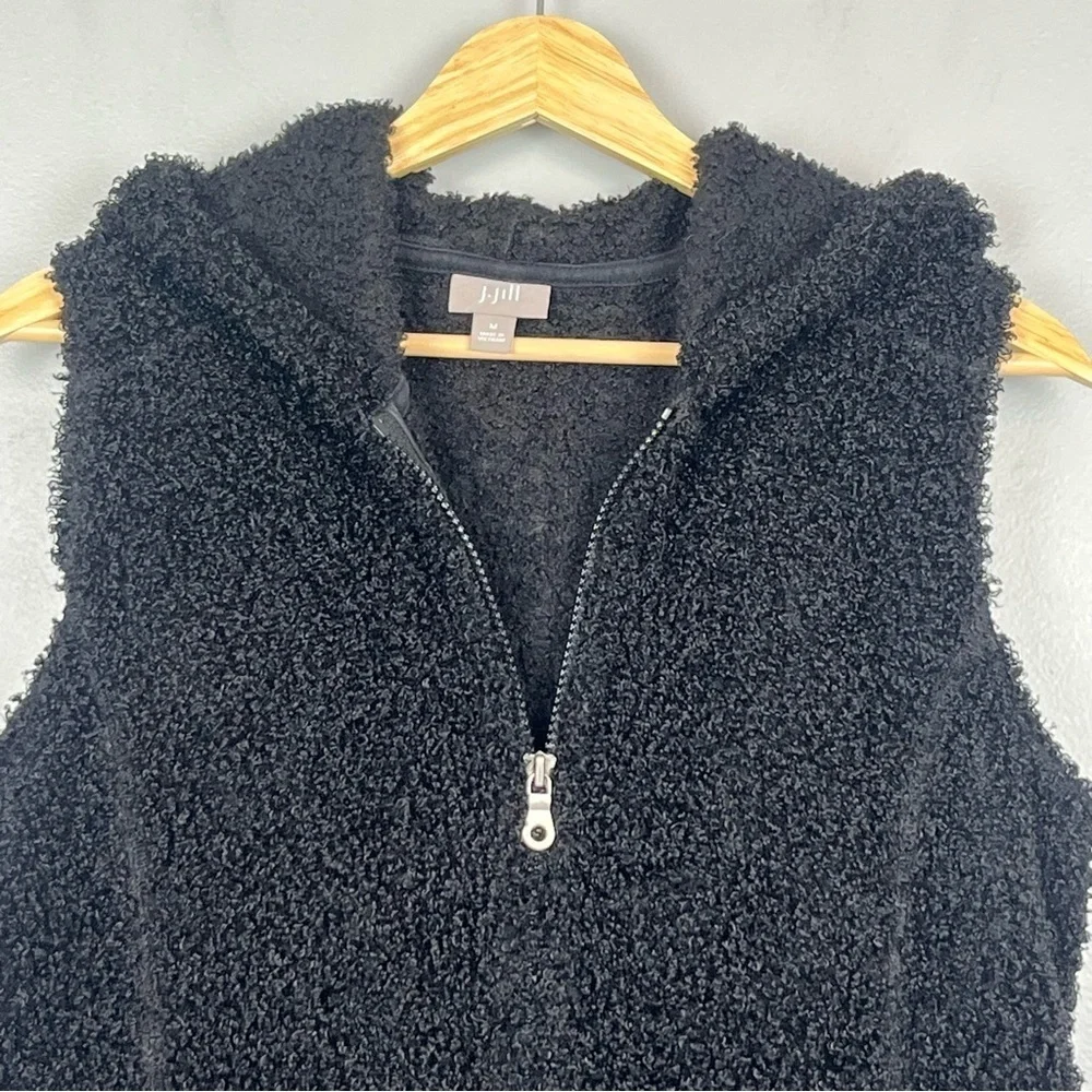J.Jill black full zip teddy fleece hooded vest, medium.